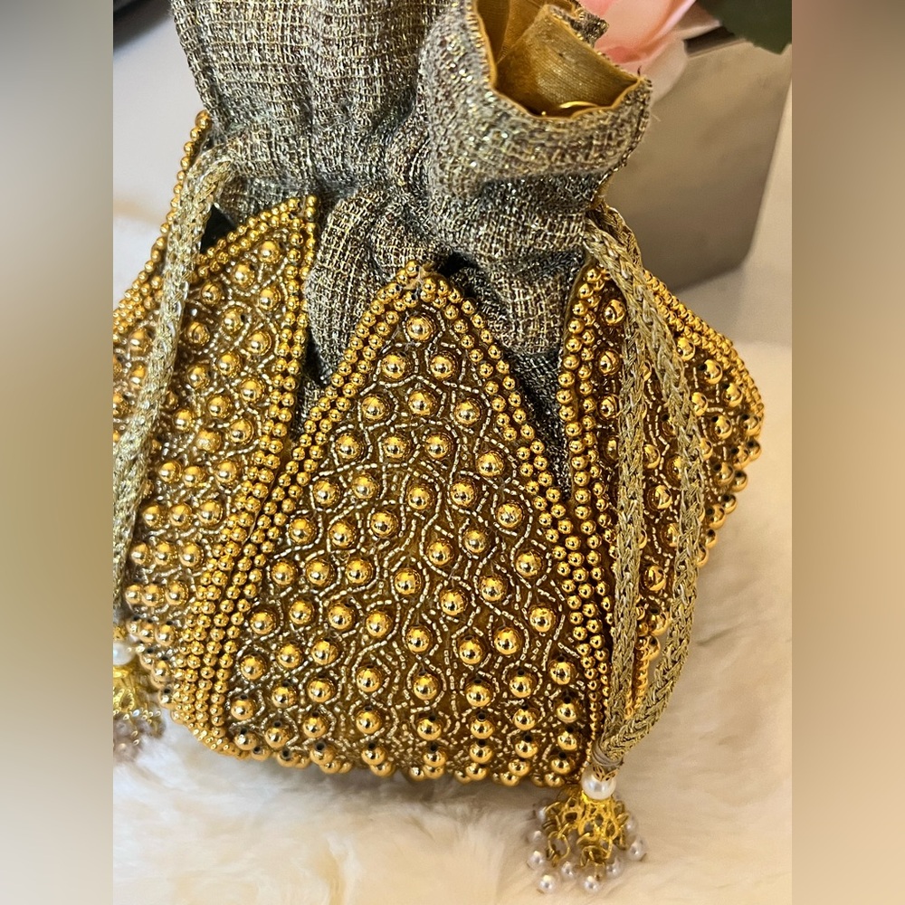 RAMLA Gold Beaded Drawstring Evening Bag Pearl Handle Clutch Purse - Picture 3 of 14